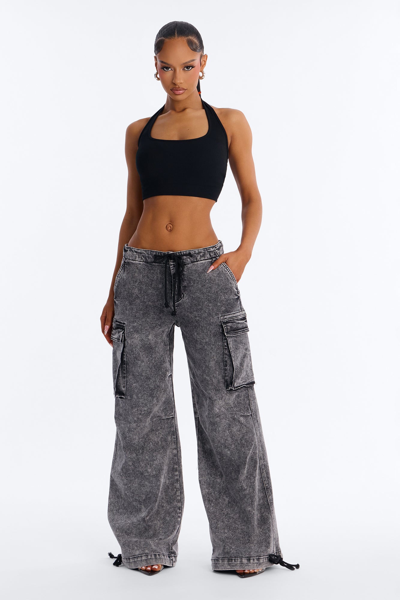Locked In Tie Waist Stretch Cargo Jeans - Black Wash - Image 2