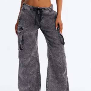 Locked In Tie Waist Stretch Cargo Jeans - Black Wash