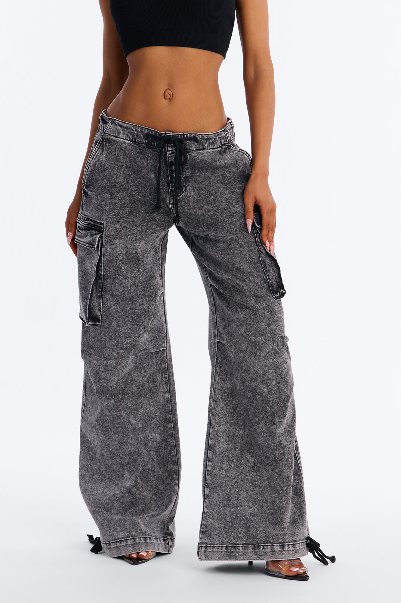 Locked In Tie Waist Stretch Cargo Jeans - Black Wash