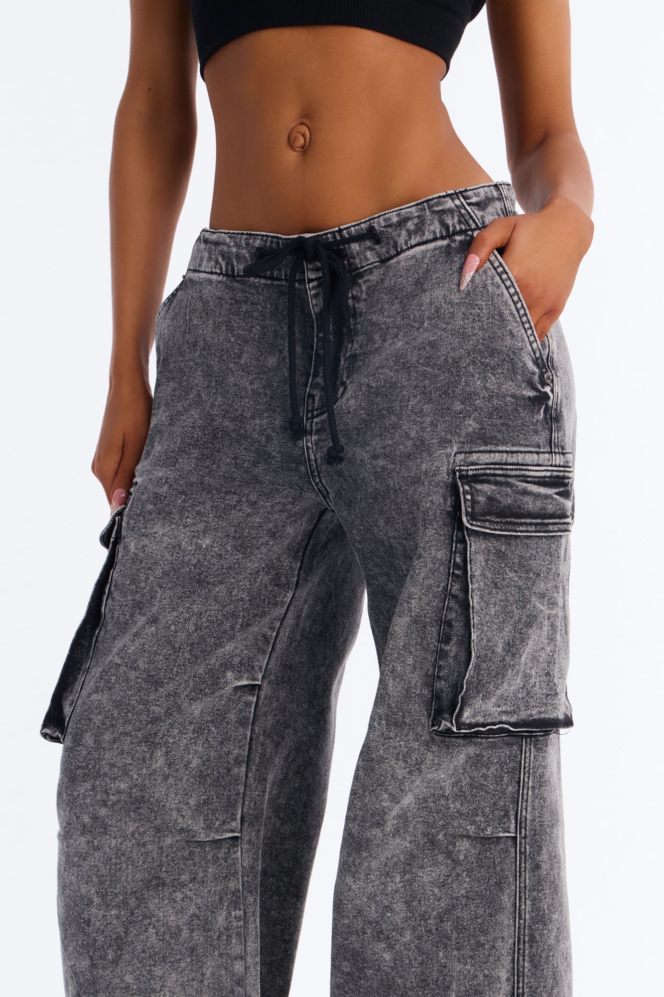Locked In Tie Waist Stretch Cargo Jeans - Black Wash - Image 3