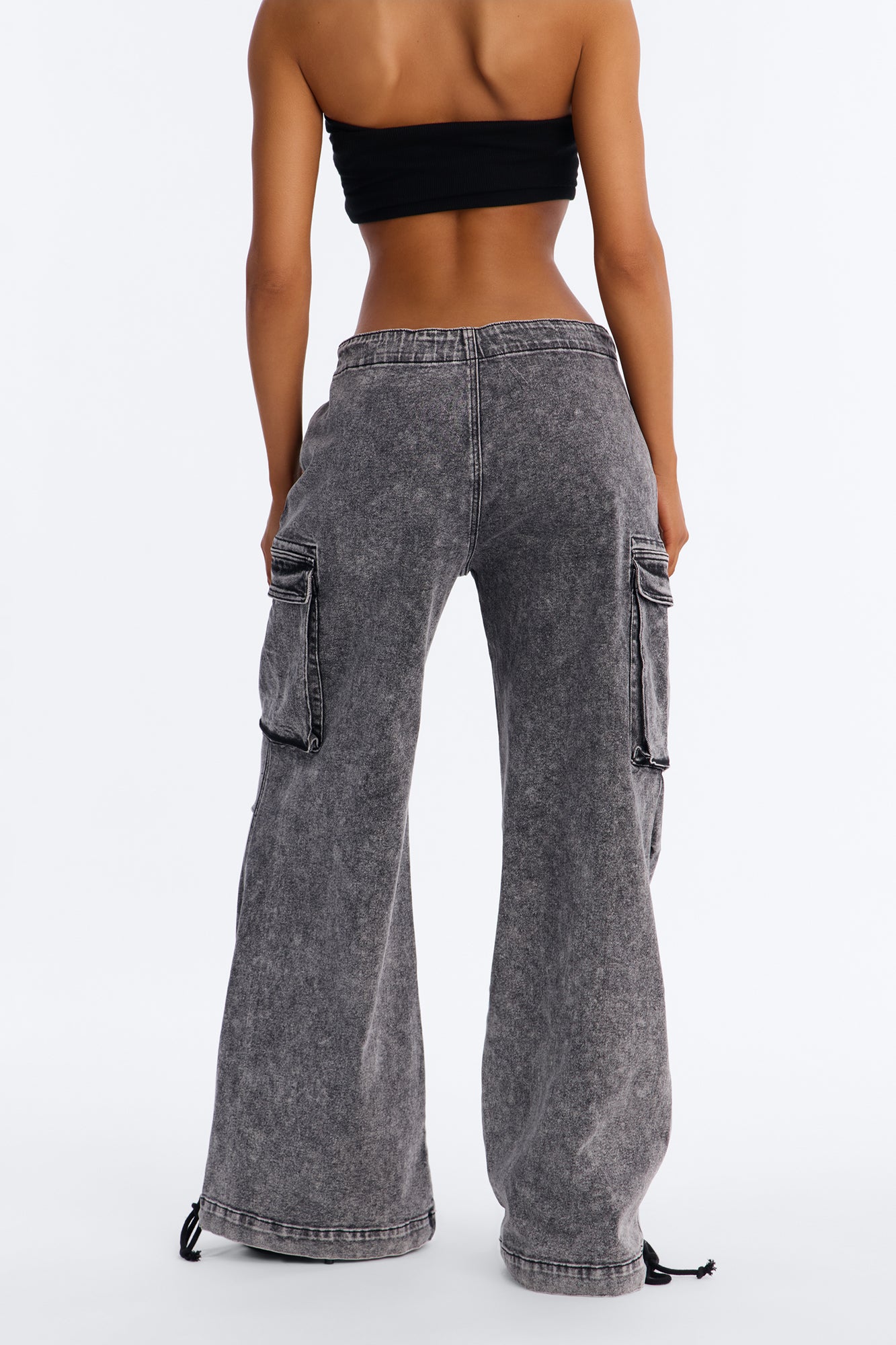 Locked In Tie Waist Stretch Cargo Jeans - Black Wash - Image 4