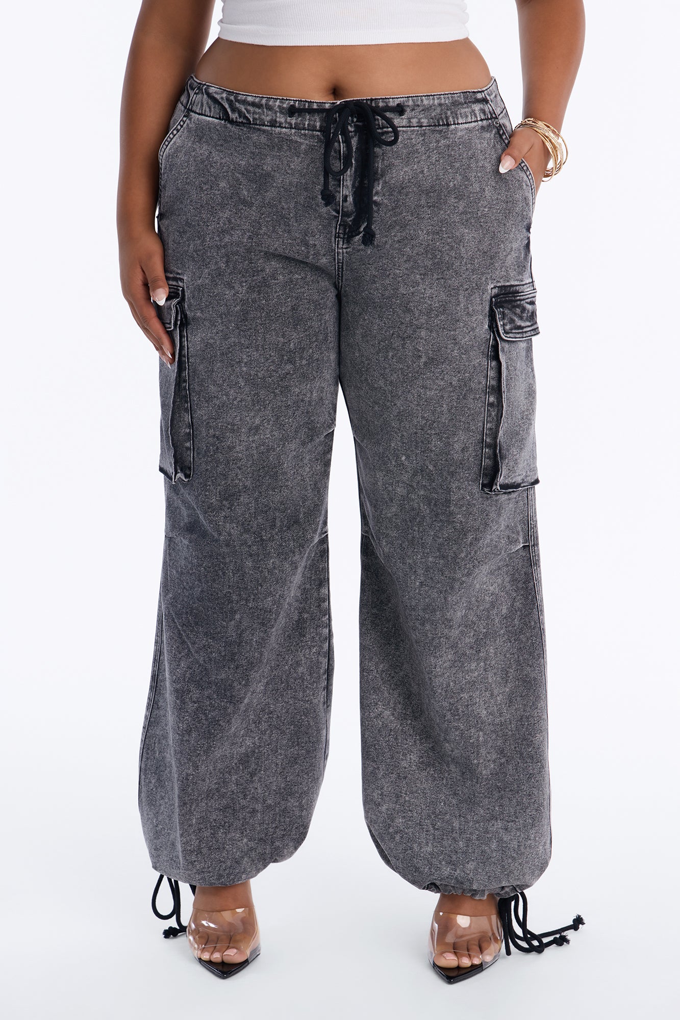 Locked In Tie Waist Stretch Cargo Jeans - Black Wash - Image 6