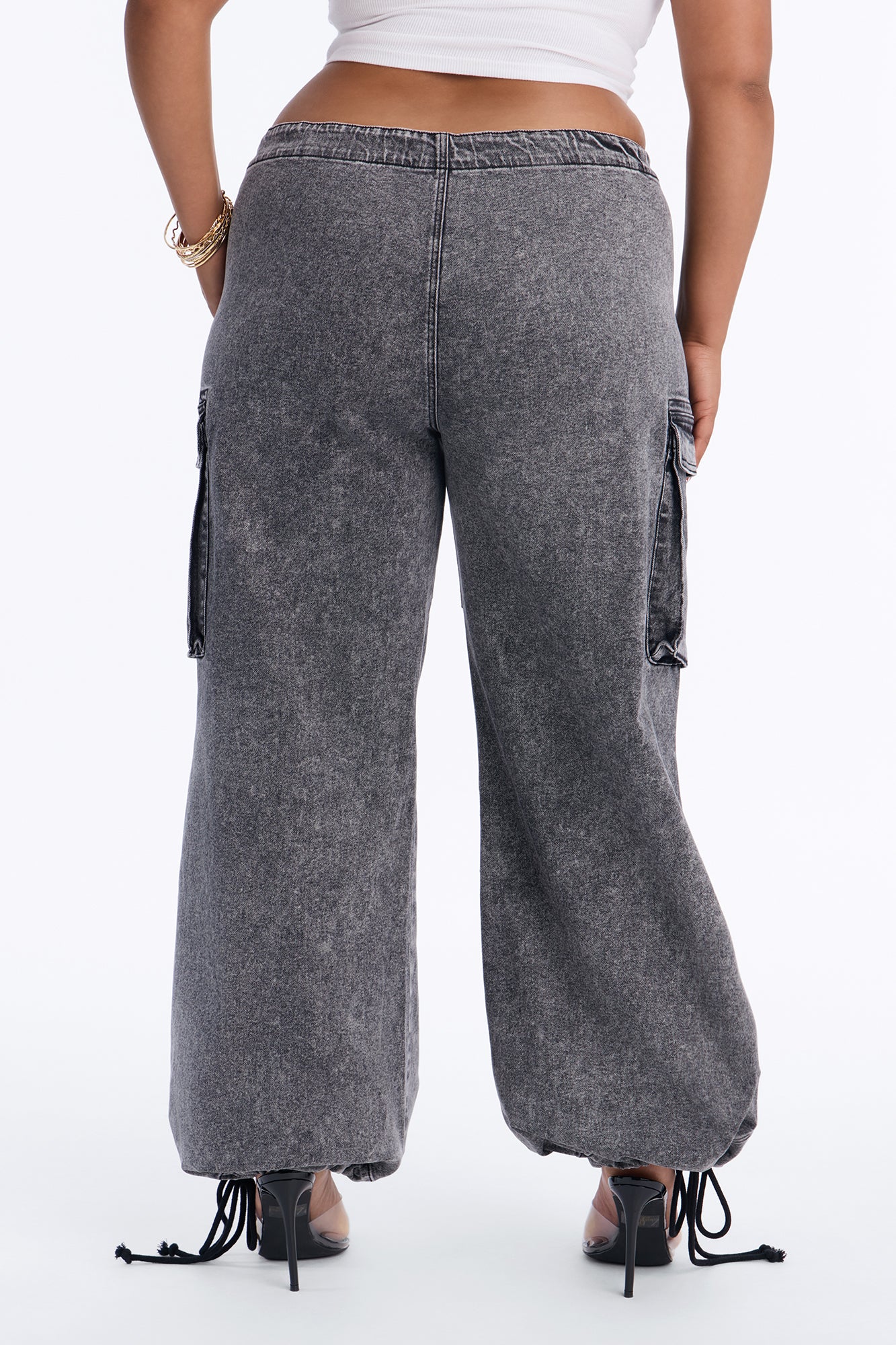 Locked In Tie Waist Stretch Cargo Jeans - Black Wash - Image 8