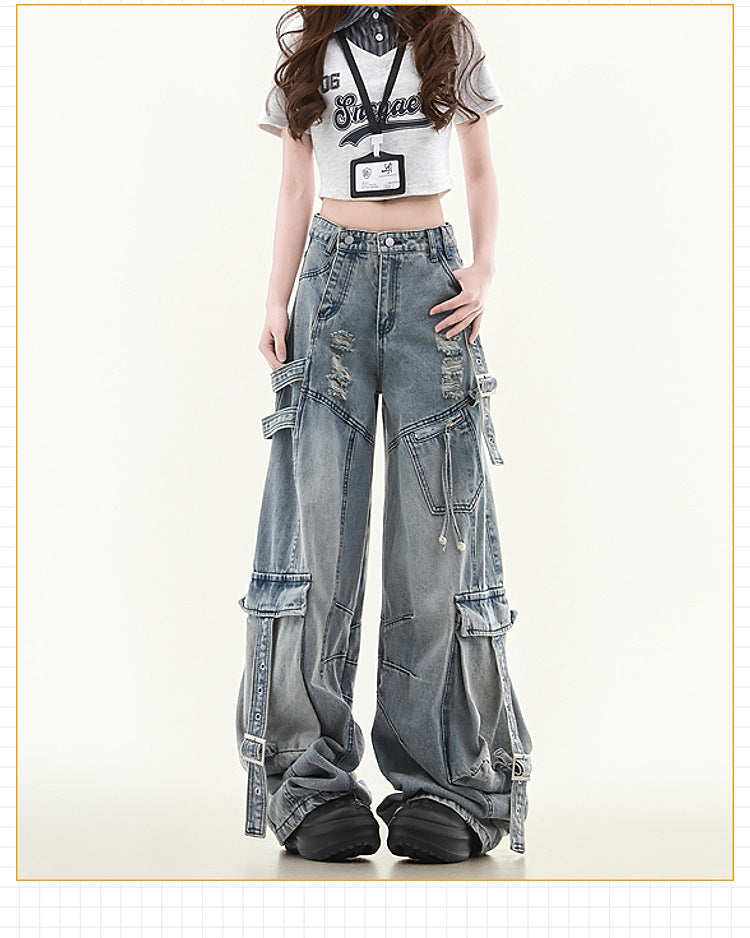 Women's Straight Loose Multi-pocket Cargo Jeans - Image 7